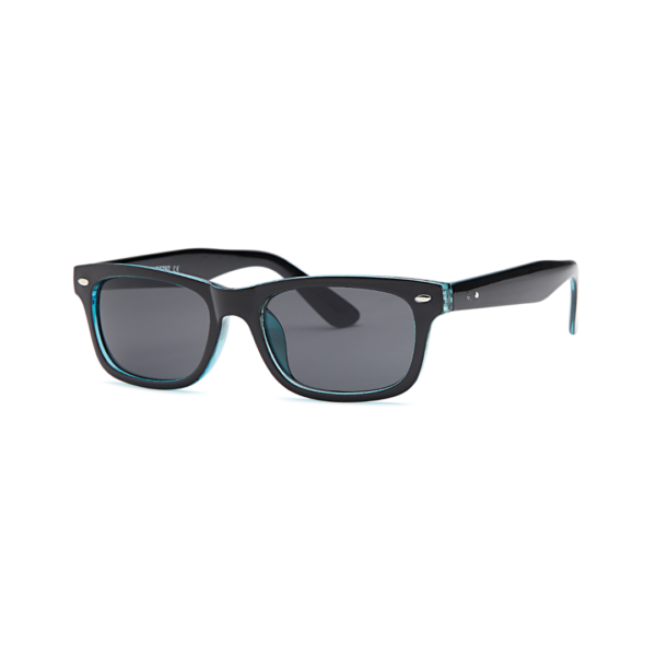 Black wayfarer-style sunglasses with gray lenses and teal trim on a white background, viewed from the side-front.