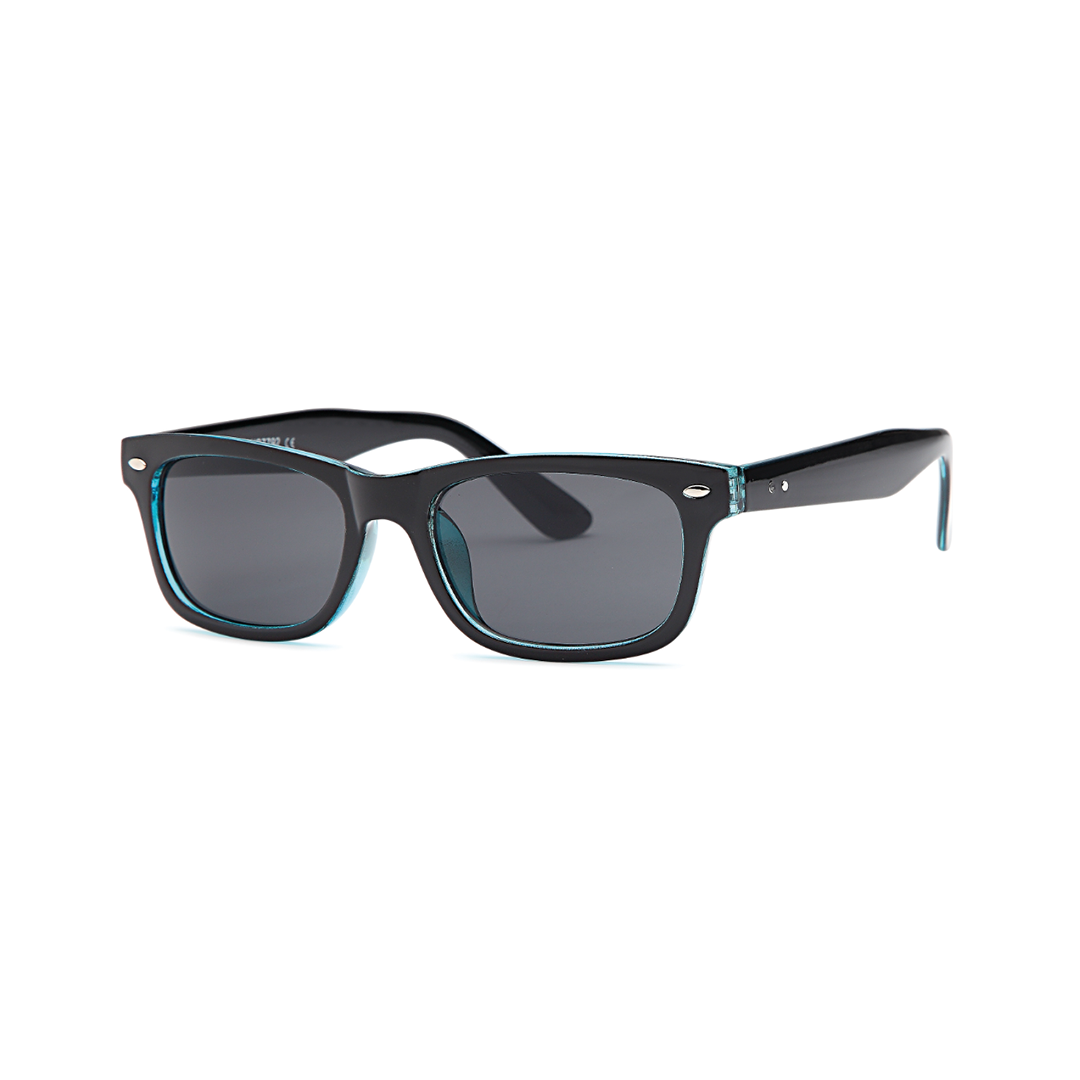 Black wayfarer-style sunglasses with gray lenses and teal trim on a white background, viewed from the side-front.