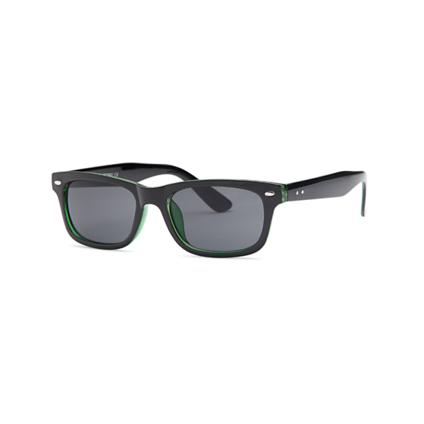 Black Wayfarer-style sunglasses with gray lenses and a green accent on the inner frame on a white background.