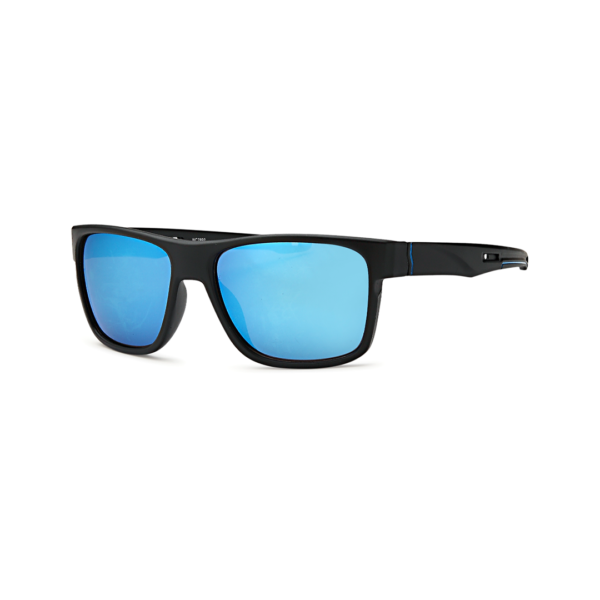 Black frame sunglasses with blue mirrored lenses viewed from side, showcasing sporty design.