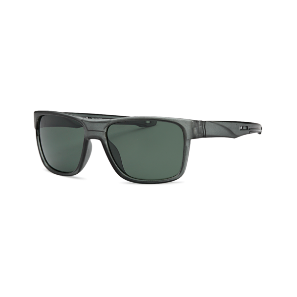 Sunglasses with a gray frame and dark green lenses viewed from the side.