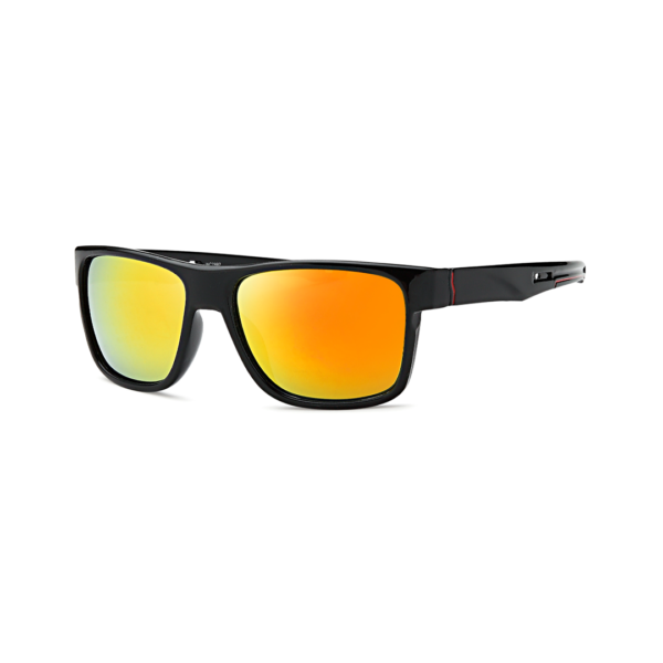 Black-framed sunglasses with orange mirrored lenses on a white background