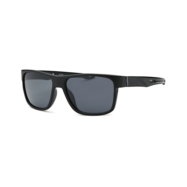 Black rectangular sunglasses with dark gray lenses and full-rit frame on white background, side view image.