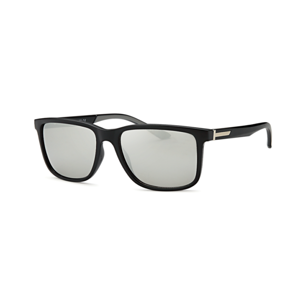 Black rectangular sunglasses with mirrored lenses and a silver accent on the temple tip, shown from the side.