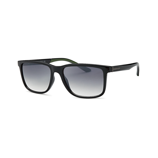 Black plastic sunglasses with rectangular lenses and gray gradient tint on a white background