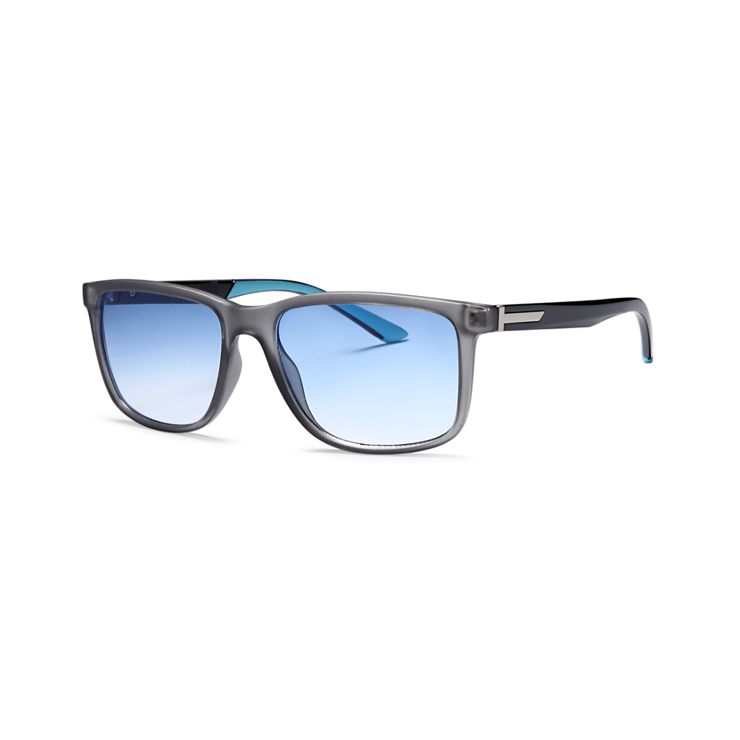 Gray plastic sunglasses with blue mirrored lenses on a white background, front view.