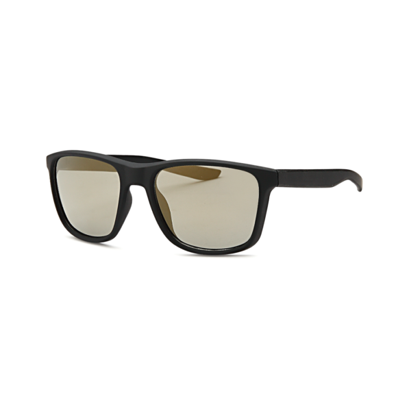 Black plastic sunglasses with rectangular mirrored gold lenses on a white background.