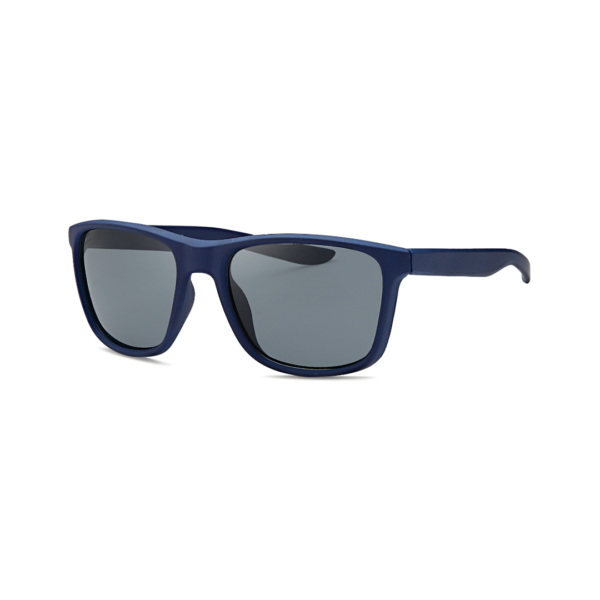 Blue plastic sunglasses with gray lenses, casual style.