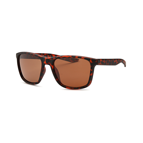Tortoiseshell sunglasses with brown lenses and a rectangular frame on a white background