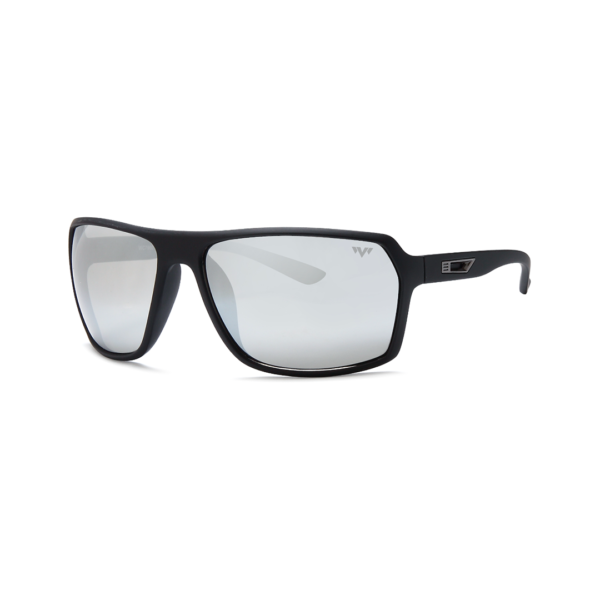 silver blue men's wrap sunglasses with gunmetal leg accent