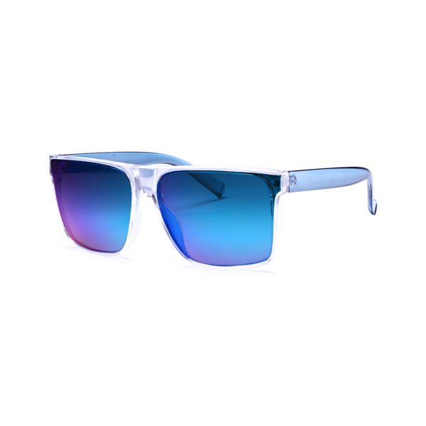 Transparent-frame sunglasses with blue-to-purple gradient lenses facing slightly to the right