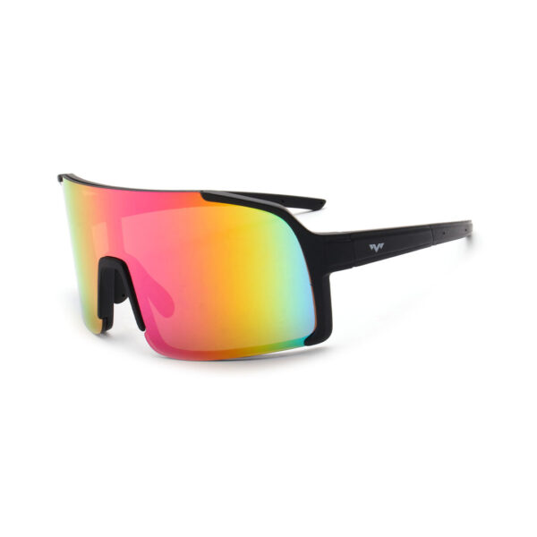 Sport sunglasses with a large rainbow-mirrored lens and black frame on white background.