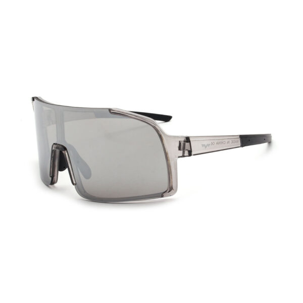 Grey-tinted wraparound safety goggles with a clear frame and adjustable strap.