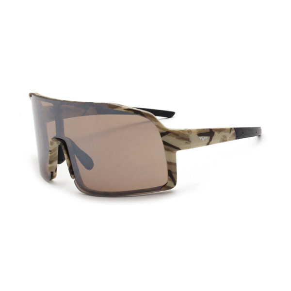 Camo-pattern wraparound sunglasses with a large brown-tinted shield lens and extended arms