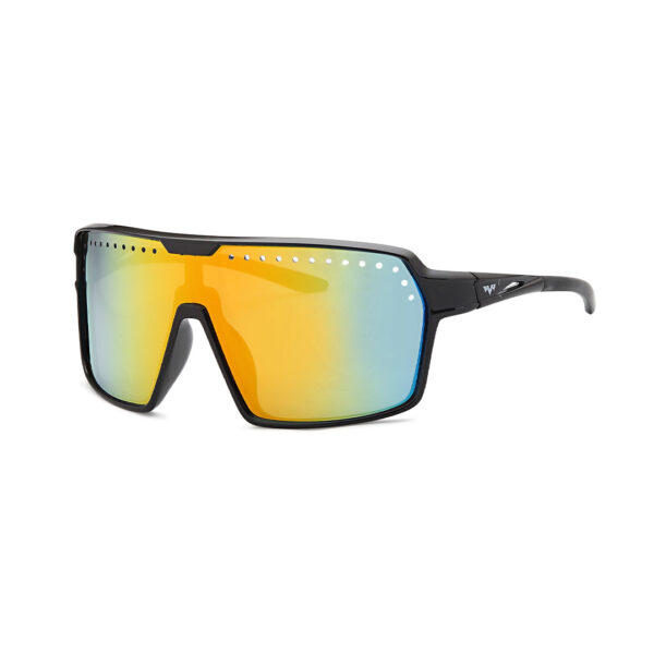 Black wraparound sport sunglasses with rainbow mirrored lenses and perforated top edge details.