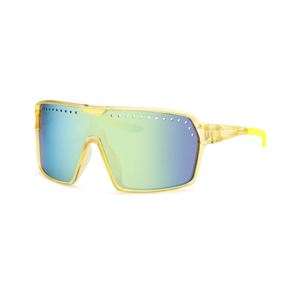 Yellow frame sunglasses with blue-green mirrored lenses and a sporty futuristic shape.