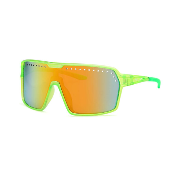 Neon green oversized sunglasses with mirrored orange-to-blue lenses and perforated brow detail for a bold, futuristic look.