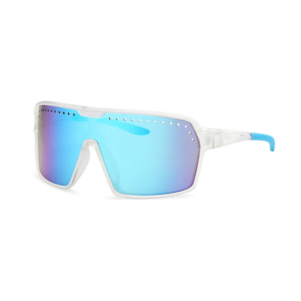 White sports sunglasses with blue mirrored lenses and perforated top edge detail