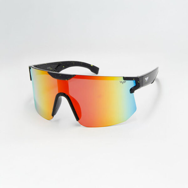 Wraparound sport sunglasses with rainbow-mirror lenses and a black speckled frame.