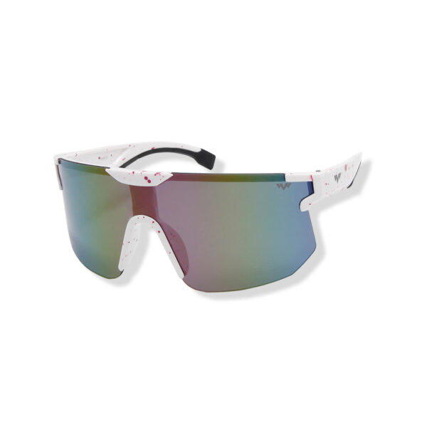 White wraparound sports sunglasses with mirrored rainbow lenses and red paint splatters on the frame.