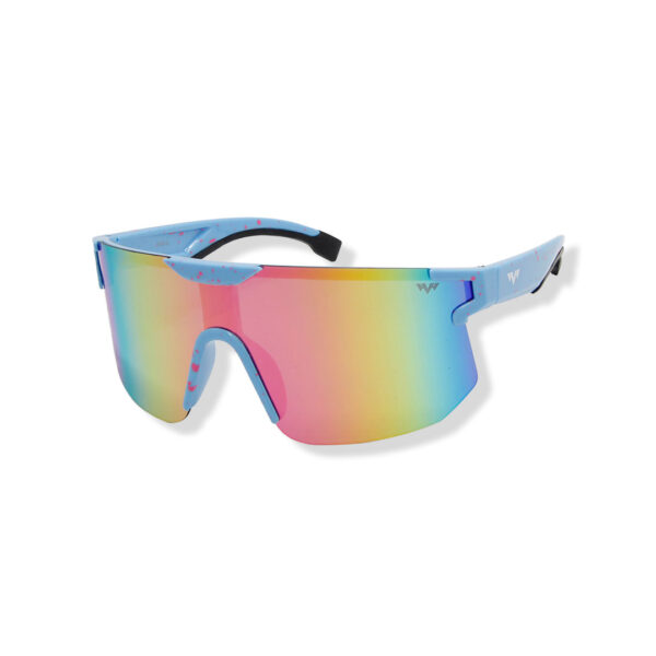 Rainbow mirrored wraparound sunglasses with a blue frame on a white background, isolated image