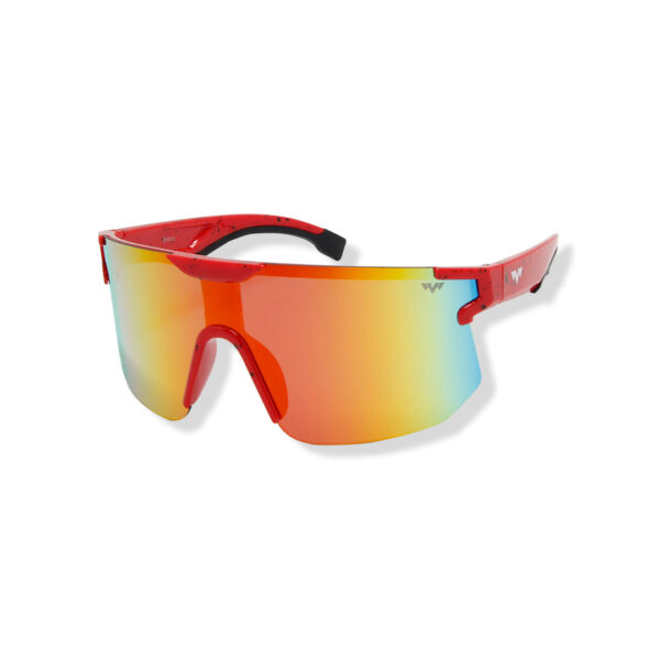 Red-arm sports sunglasses with a large mirrored rainbow lens for wraparound eye protection in bright light.