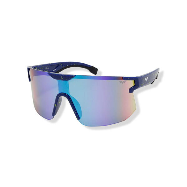 Wraparound blue speckled sports sunglasses with iridescent rainbow mirrored lenses on white background
