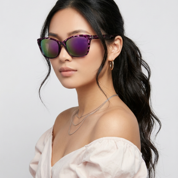 Woman wearing purple mirrored sunglasses, off-shoulder light pink top, and layered silver necklaces with her hair in a ponytail.