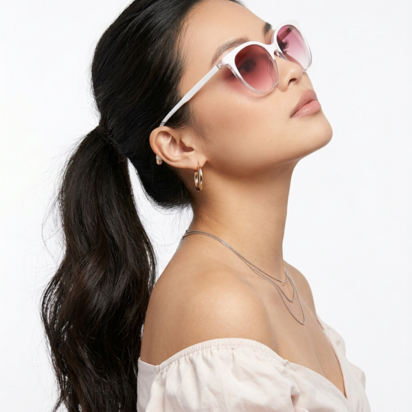 Woman with long dark hair in a ponytail wearing white-framed pink sunglasses, off-the-shoulder top, and gold hoop earrings, looking upward.