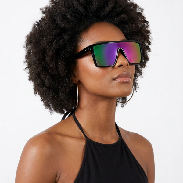 Woman with a short afro wearing oversized reflective sunglasses with rainbow lenses, black halter top, and hoop earrings.