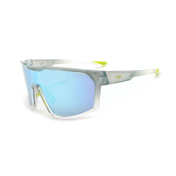 Sporty wraparound sunglasses with a white frame and blue mirrored lenses.