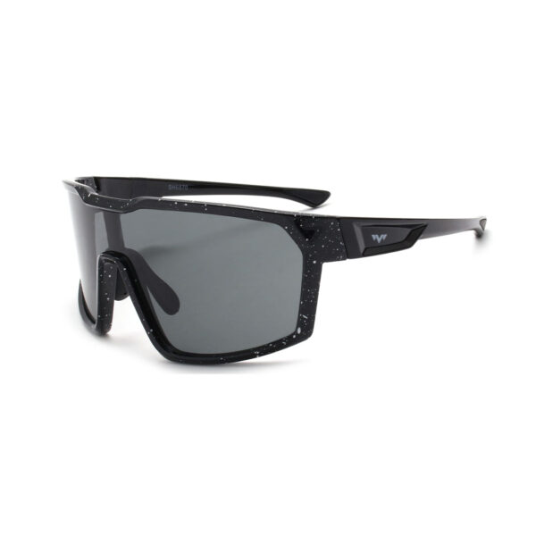 Black speckled wraparound sunglasses with gray lenses and a logo on the temple.