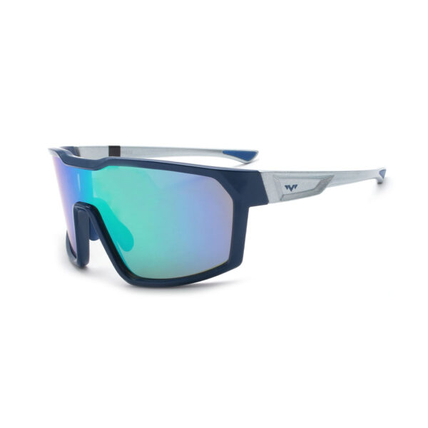 Sport sunglasses with a blue frame and mirrored blue-green lenses on a white background
