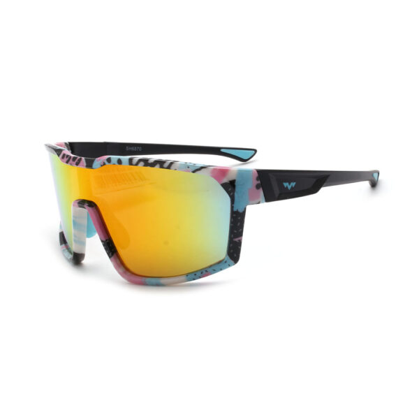 Colorful wraparound sunglasses with mirrored yellow-orange lenses and a patterned frame.