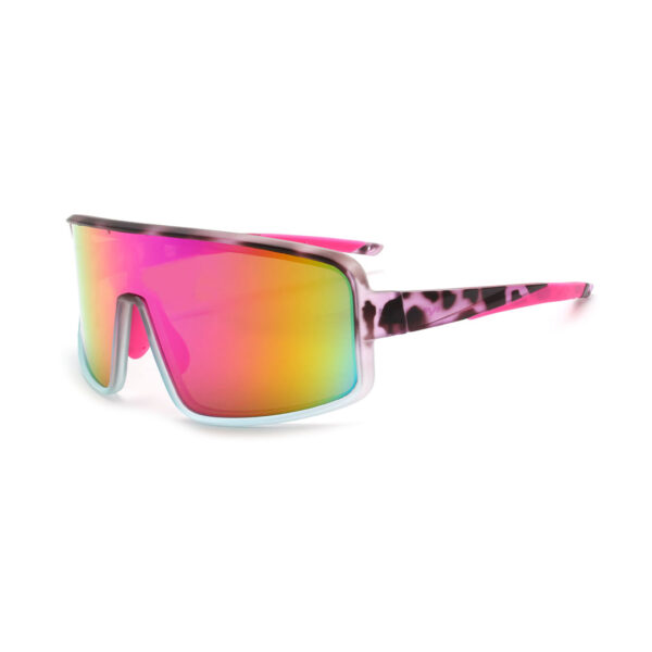Oversized sunglasses with rainbow mirrored lenses and pink leopard-patterned temples.