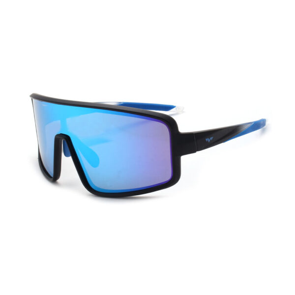 Black frame, wraparound sporty sunglasses with blue mirrored lenses, shown from a side angle