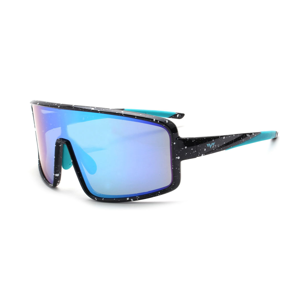 Futuristic black speckled sunglasses with blue mirrored lenses and teal accents on the arms