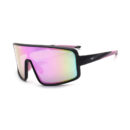Black wraparound sunglasses with iridescent pink–purple mirrored lenses on a white background (sport/shield style).