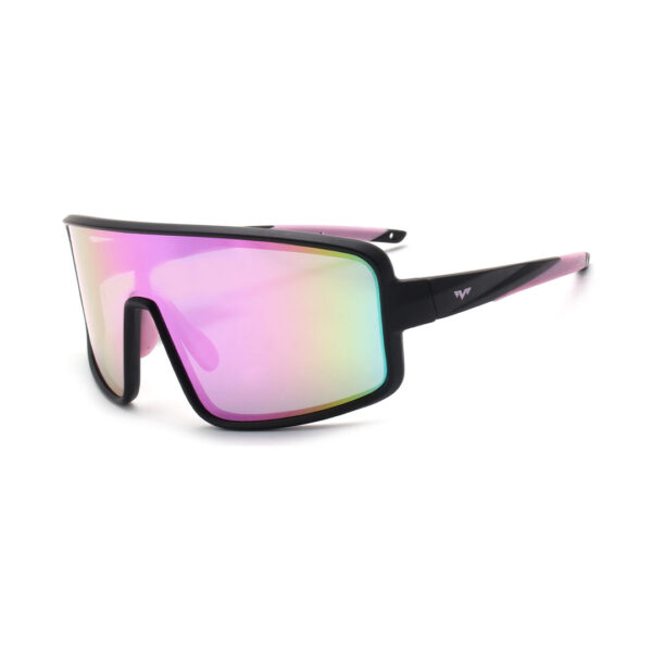 Black wraparound sunglasses with iridescent pink–purple mirrored lenses on a white background (sport/shield style).