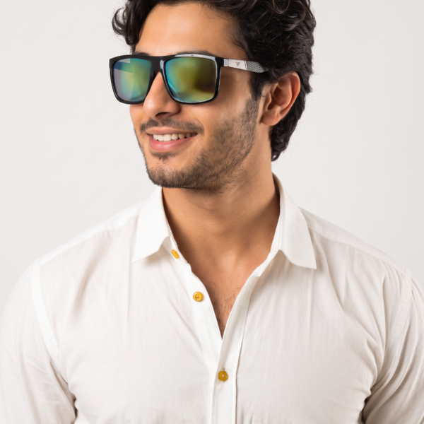 Smiling man wearing black sunglasses with mirrored green-blue lenses and a white button-down shirt.