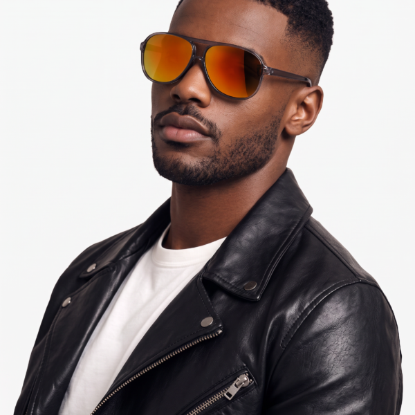 Portrait of a man wearing orange-minted mirrored sunglasses and a black leather jacket against a light background.