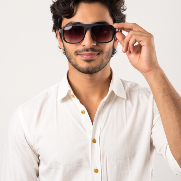 Man wearing a white button-down shirt adjusts black sunglasses with his right hand.