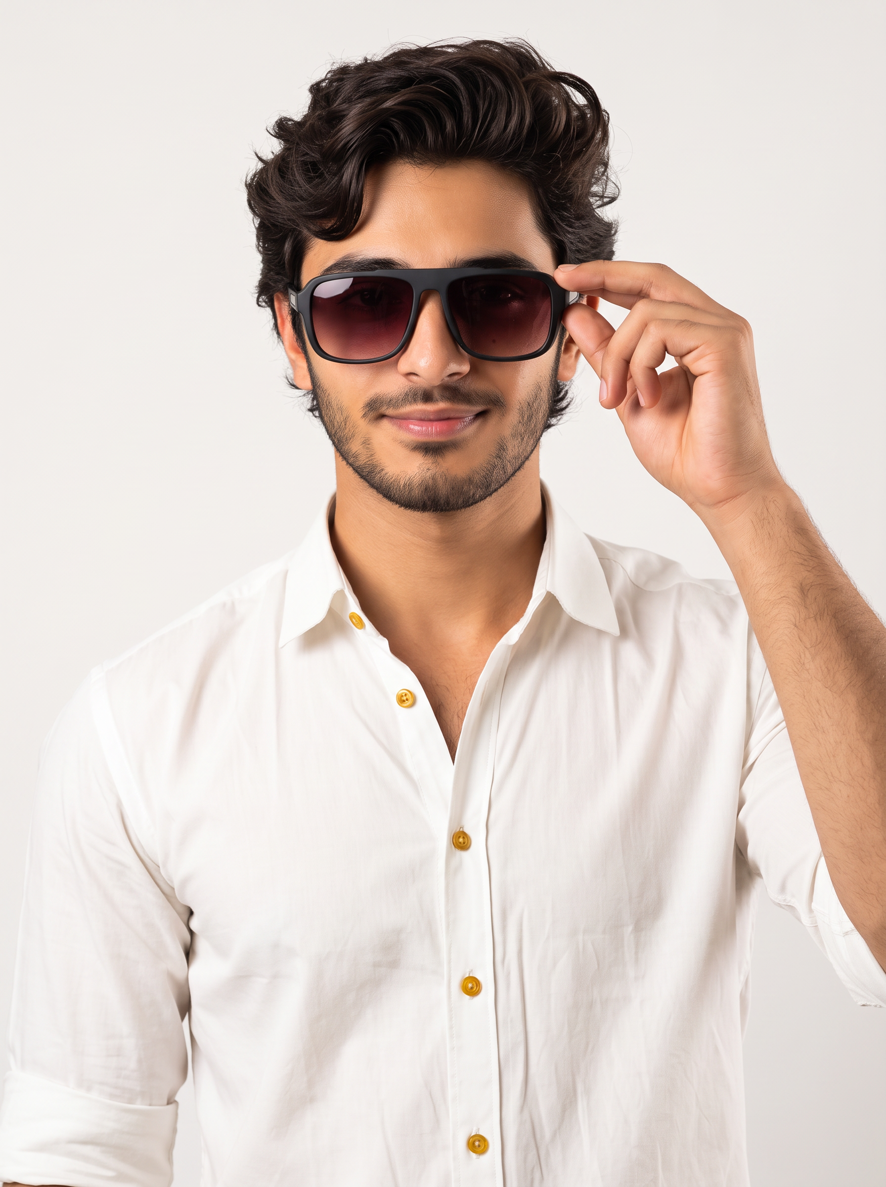 WC7937 Man - Beachtime Sunglasses Man wearing a white button-down shirt adjusts black sunglasses with his right hand.